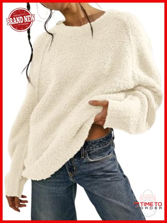 Sweaters - Oversized Fuzzy Knit Crewneck Long Sleeve Pullover Sweater